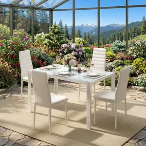 5 Pieces Modern Dining Table Set Glass Dining Table With 4 High Back PU Leather Chairs Stylish Minimalist Kitchen Dining Room Furniture Versatile Indoor Table Chairs Combo For Apartment Living Room Home Decor