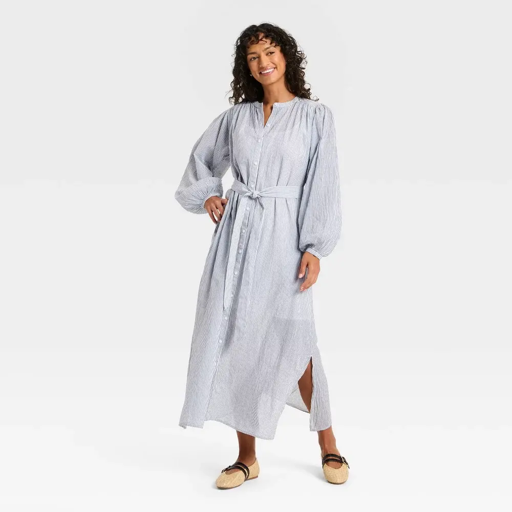 Universal Thread Women's Flounce Collared Neck Maxi Shirtdress - Navy Blue