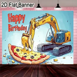 2D flat banner, 1pcHappy Birthday Excavator Pizza Scene Decorative Banner, Whimsical Construction Theme Birthday Decor with Large Yellow Excavator and Oversized Pizza Illustration, Fun Party Supplies for Celebrations
