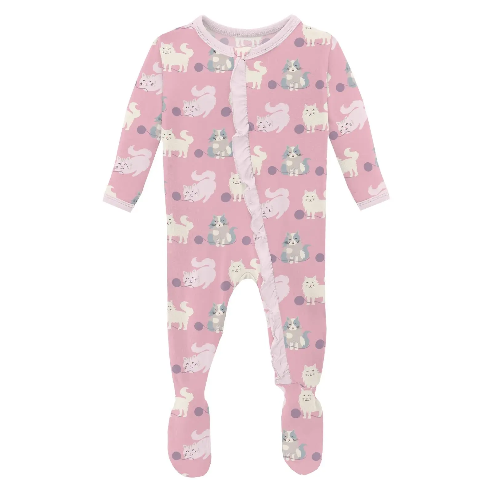 Print Layette Ruffle Footie with 2 Way Zipper in Cake Pop Cats and Yarn