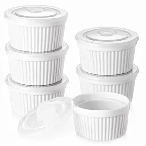 8 oz Ramekins with Lid, Porcelain Creme Brulee Souffle Dishes, White Pudding Custard Cups Ramiken for Baking, Dishwasher and Oven Safe, Set of 6