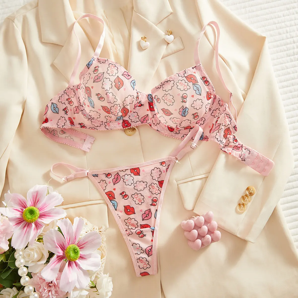 Women's 2-Piece Off-Shoulder Sheer Printed Lips Lingerie Set - Ruffle Trim Mesh Bra & Thong, Multi-Size, 3-Point Type, Sexy, Funny Prints for Valentine's Day, Plus Size