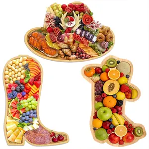 3pcs Charcuterie Boards with Dipping Saucers, Wooden Cowboy Hat Serving Platter Cowgirl Boot Cheese Board Cactus Food Tray, Plates for Western Cowboy Cowgirl Birthday Party Decorations