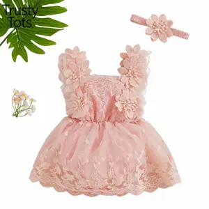 Baby Girl Summer Outfit, Flower Embroidery Tie-Up Mesh Romper Dress Bow Headband 2 Piece Set Outfit Flower Lace Tie-Up Mesh Romper Dress Bow Headband Cute Summer Clothes