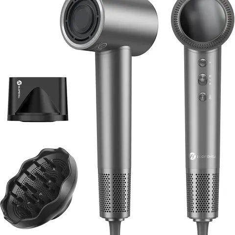 Slopehill Ionic Blow Dryer Kit - 110000 RPM High-Velocity Fast Drying, 0.8lbs Lightweight, Low Noise, Intelligent Temp Control, 30% Cooler Turbo Button, Hair Diffuser for Curly Hair Bouncy Curls, Compact Black Grey Home/Travel Appliance, Mothers Day Gift
