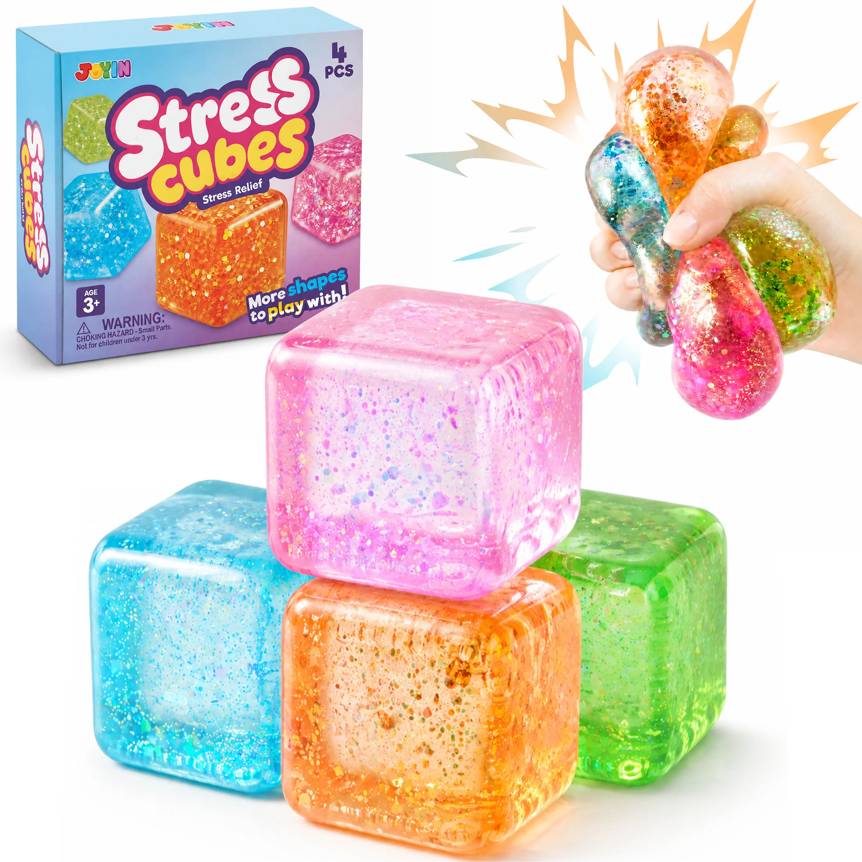 JOYIN 4PCS Glitter Cube Stress Relief Toys, 2.2 Inch Colorful Cube Squishy Toys, Slow Rising Fidget Sensory Toy, Soft Squeeze Toy for Adults & Kids, Birthday Gifts, Office Desk, Halloween,Party Favors