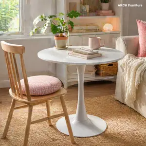 24-Inch White Tulip Round Pedestal Table - Modern Mid-Century Indoor MDF Top with Cylindrical Metal Leg Base, Easy-Install Minimalistic Geometric Circle Cylindrical Pedestal Table for Dining Room, Kitchen Decor, Minimalistic Pedestal Tables