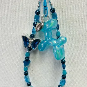 Handmade Keychain Purse Charm Bag Charm with Butterflies Fancy Bead Acrylic Balloon Dog Glass Crystal Blue Beads Blue Clip Ring and Hook