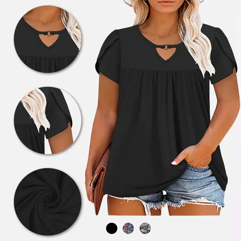 VOGARCE Womens-Plus-Size-Summer-Tops Chic Keyhole V Neck T Shirts Cute Petal Short Sleeve Blouses Flowy Pleated Tunics XL-5XL VPS0146,clothes for back to school,first day of school outfits Casual Womenswear