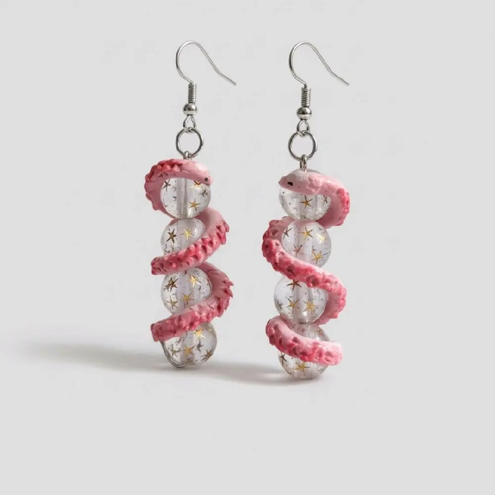 Charming Pink Snake Earrings with Star Accent Beads