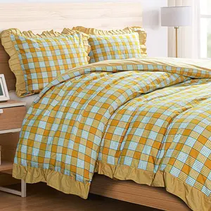 3 Pieces Washed Cotton Ruffled Duvet Cover Set, Ultra Soft Comforter Cover Set, King Size, Yellow - NTBAY