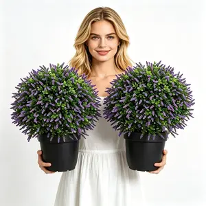 Lavender Boxwood Ball Tree, UV Resistant, Simulated Green Bush, Artificial Lavender Tree Outdoor Set of 2 (24Inch) with Ground Plugs Fake for Indoor Outdoor Front Porch Gardens.