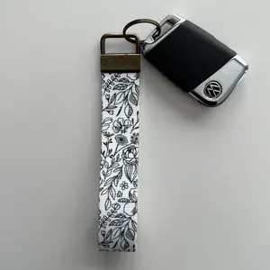Black & White Floral Key Fob Wristlet | Antique Brass Hardware