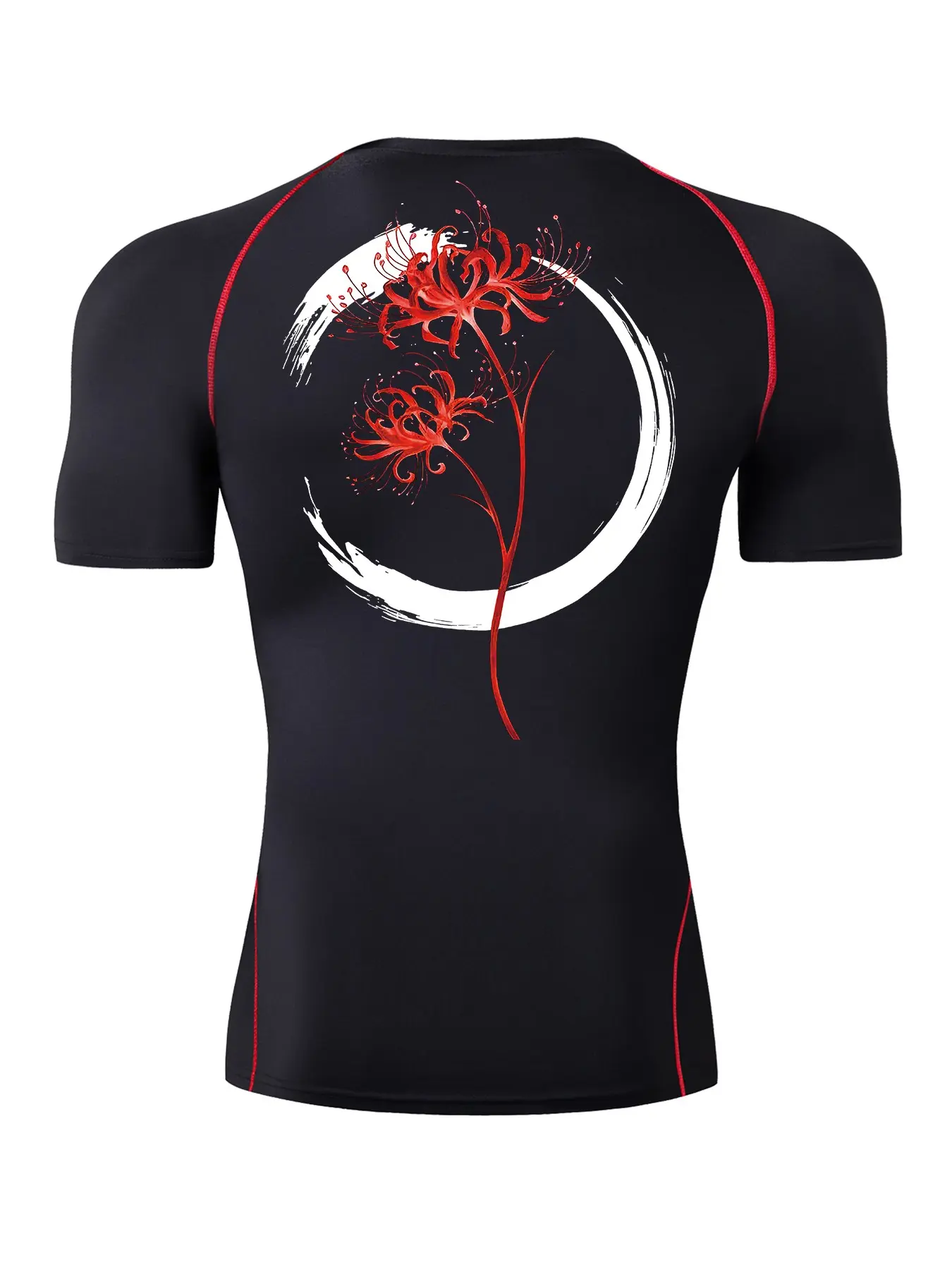 Red Spider Lily Graphic Short Sleeve Compression Shirt for Men, Gym Workout Running Sporty Tees, Summer Quick-Dry Breathable Round Neck T-Shirt Tops, Rash Guard Undershirt Baselayers Activewear Sportswear