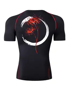 Red Spider Lily Graphic Short Sleeve Compression Shirt for Men, Gym Workout Running Sporty Tees, Summer Quick-Dry Breathable Round Neck T-Shirt Tops, Rash Guard Undershirt Baselayers Activewear Sportswear