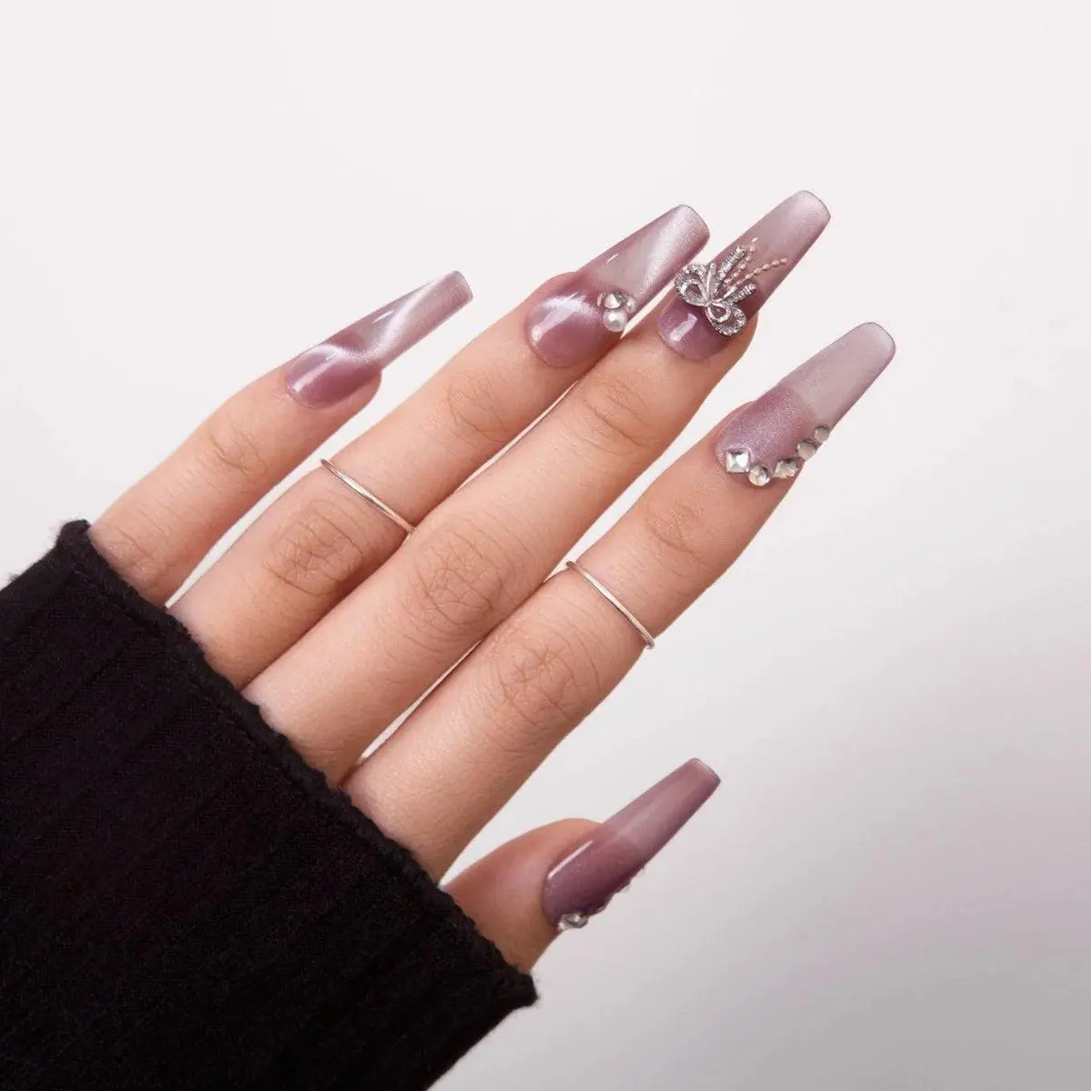 Handmade Press On Nails, Long Coffin Mauve Aurora Shimmer with 3D Rhinestone Bows & Pearl Accents - Reusable, Chip-Proof Vintage False Nail Kit, At Home, Glamorous, Cute Look, Easy Apply, Rhinestones, Crystal Embellishments, L