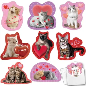 Valentine's Day Cards for Kids,32 Pc Pet Cat Valentines Cards with Tattoos&Envelopes, Happy Valentines Cards for Kids School Classroom, Valentines Exchange Cards for Party Favors Gifts