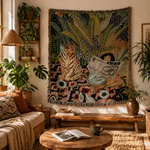 Boho Jungle Wall Tapestry Tiger Wall Art Woven Blanket, Woman Reading Decor Bohemian Wall Hanging Couch Throw Gift