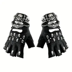 Skulls Men Women Uniesex Leather Gloves Metal Chain Cosplay Goth Fingerless Gloves