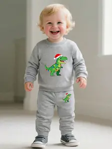 Baby Boy Christmas Set, Long Sleeve Round Neck Sweater & Pants, Cute Dinosaur Cartoon Pattern, Casual Fitted All Seasons
