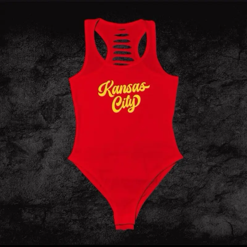Red/White/Yellow Womens Kansas City Script Bodysuit, KC Bodysuit, Gameday Outfit, KCMO Shirt, Kansas City Fan Gift, GO Kingdom
