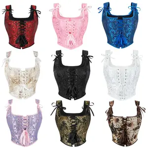 Victorian Fashion Corset Crop Top Vintage Jacquard Lace-Up Bustiers with Straps Gothic Vest Waist Trainer Overbust Corselet