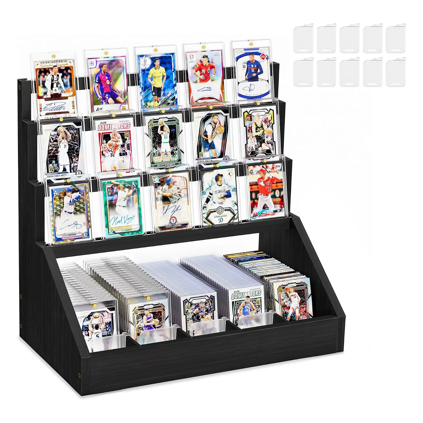 Emfogo 3-Tier Wood Graded Trading Card Case - 5-Row Display Stand with Stoppers, Movable Dividers for PSA BGS SGC Slabs, Top Loaders (Sports & Game Collections)