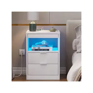 Nightstand With Drawers, End Table With Wireless Charging Station, Side Table With LED Lights, Whit