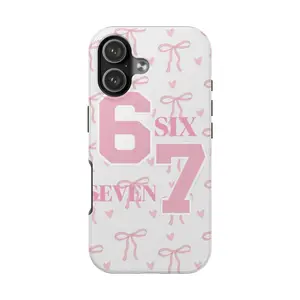 Pink Number 67 Phone Case | Cute Bow Heart Pattern Cover for iPhone 17 Pro Max 16 Plus 15 14 13 12 11 Air | College Varsity Aesthetic Gift for Her Him | Sports Jersey Number Birthday Present