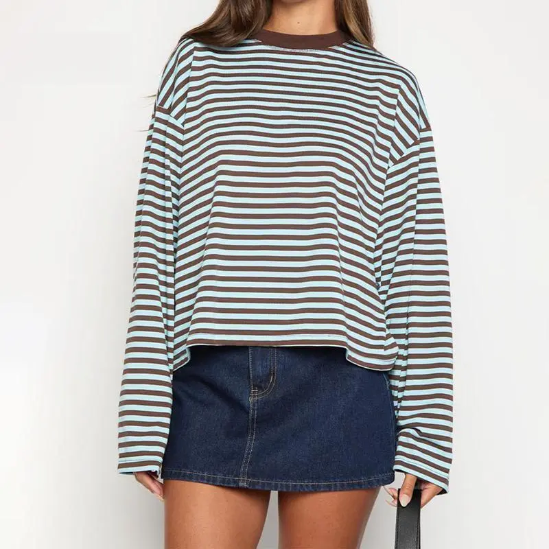 Women's Long T-Shirt, Long Sleeve Round Neck Loose Fit Women's Autumn Casual Striped Top Streetwear Lightweight Round Neck Country Concert Outfit Fashion Style Breathable