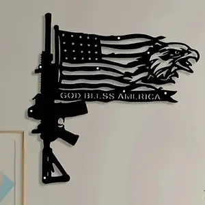 Metal Gun & Flag Design Wall Art, Unique Artwork, American Flag Wall Decor, Patriotic Theme Wall Hanging Decor for Home Living Room Bedroom, Home Decor, Room Decor, Wall Decoration, Home Decor Accessory