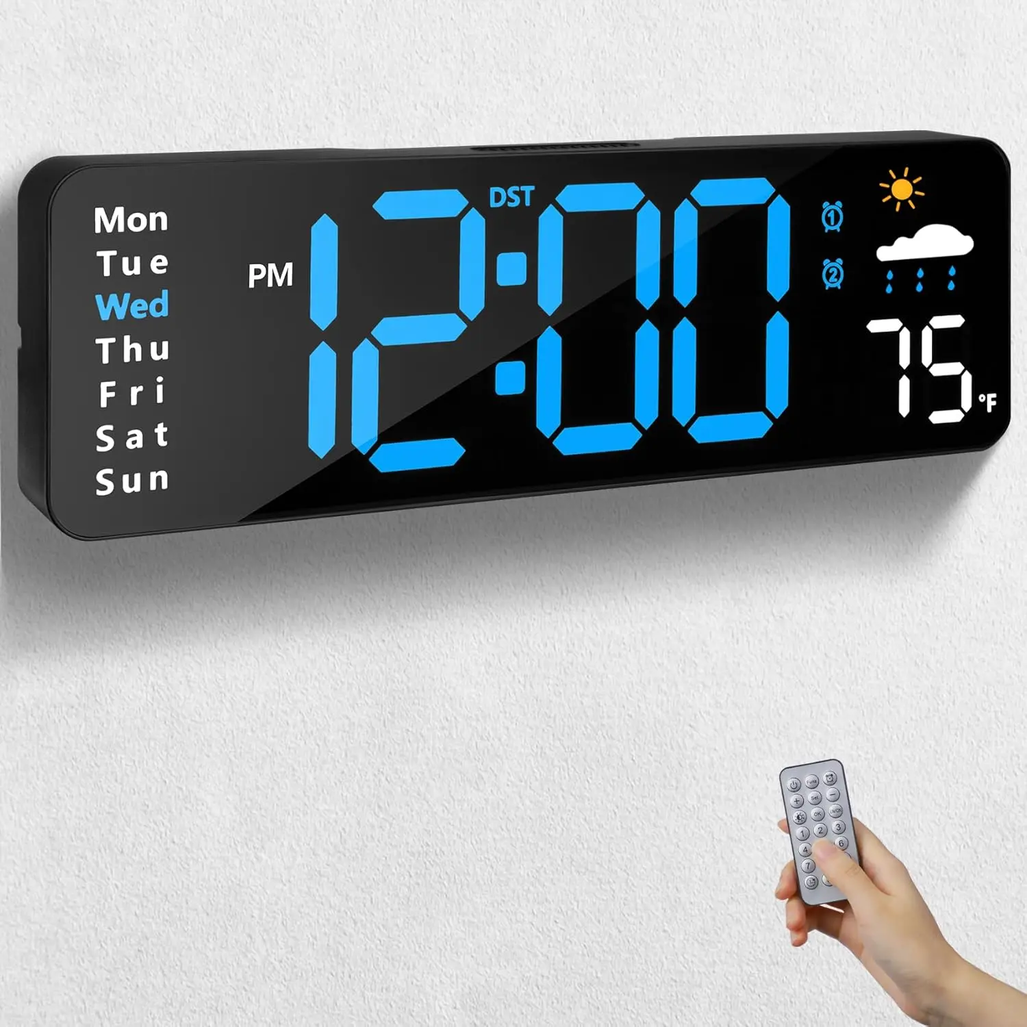 Digital Wall Clock with Remote Control, Large Display Plug in LED Digital  Clocks with 12/24Hr, Date, Week, DST, Timing, Countdown, Temperature for Living Room, Bedroom, Office Wall Decor (Blue)