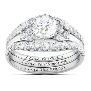 Women's Elegant Zircon 3-Piece Statement Ring Set - "I Love You" English Letter Artificial Gemstone Accessory, Unique Engagement Wedding Ring Stack, Trendy Jewellery Accessories