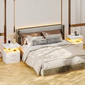 Glossy White LED Nightstand Charging Station Acrylic Floating Design with Drawers & Power Outlet for Bedroom & Living Room Modern Elegance