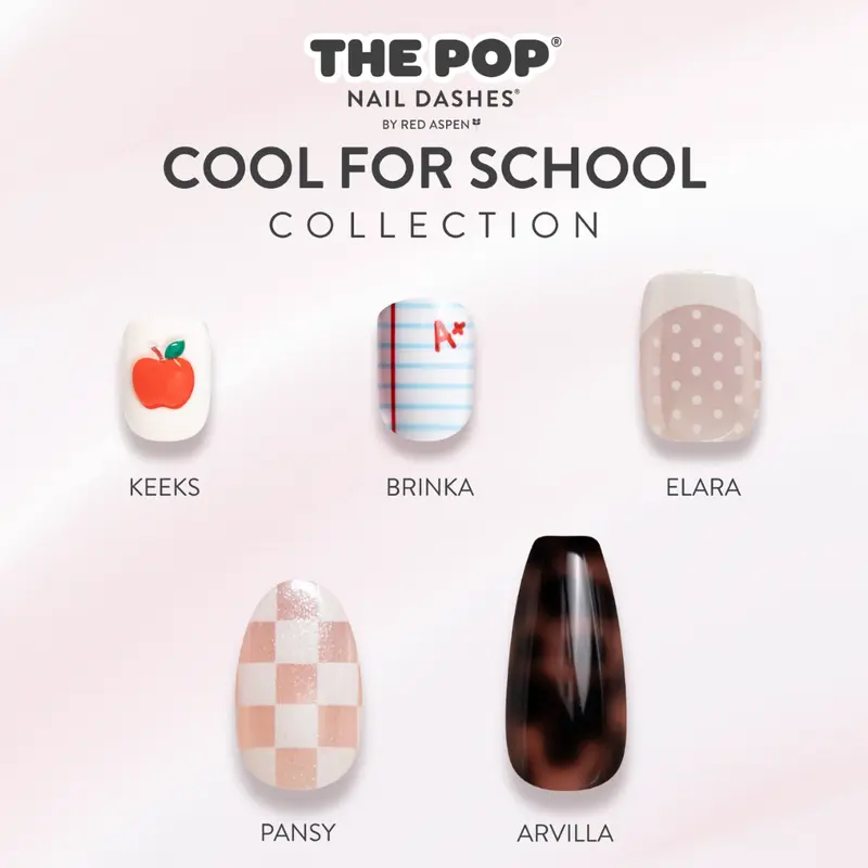 Red Aspen Mani The Pop: Cool For School Press On Nails Collection Salon-Quality Damage-Free 2-Week Wear Nail Dashes