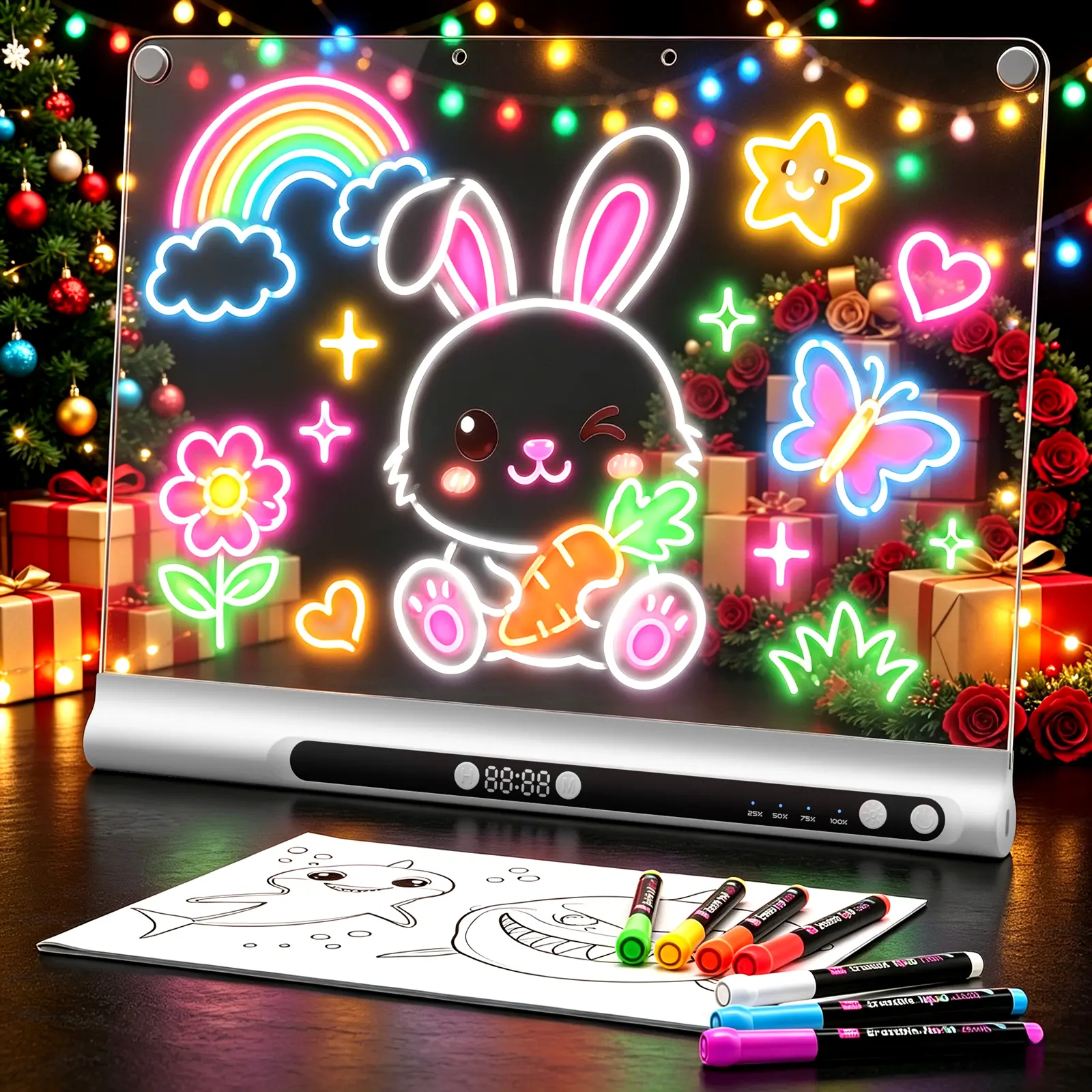 GEOKAY 16“ Rechargeable LED Drawing Board, 9-Color Light Modes with Timer & Built-in Stand, Neon Art Dry Erase Glow Up Doodle Note Pad, Sketching Gift Toy for Kids/Girls/Teens