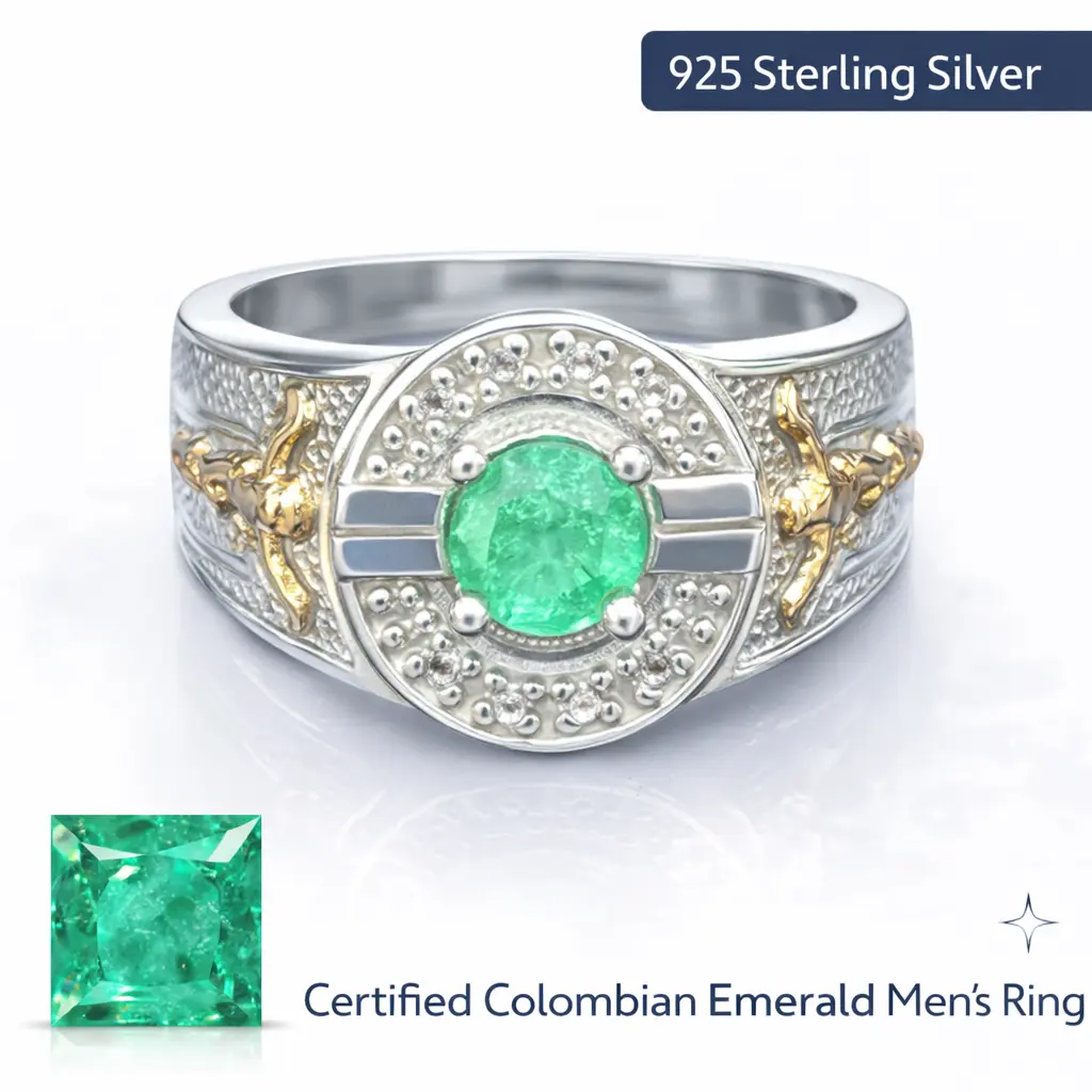925 Sterling Silver Men’s Ring | 100% Certified Colombian Emerald | Size 8 | Luxury Statement Jewelry