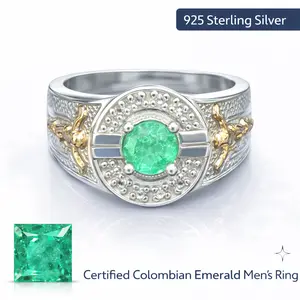 925 Sterling Silver Men’s Ring | 100% Certified Colombian Emerald | Size 8 | Luxury Statement Jewelry