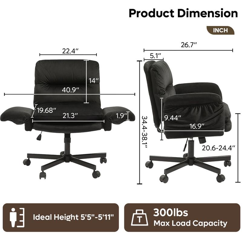 Ergonomic Cross-Legged Office Chair with Flip-Up Arms, Swivel Wheels & Adjustable Backrest for Computer Office Desk