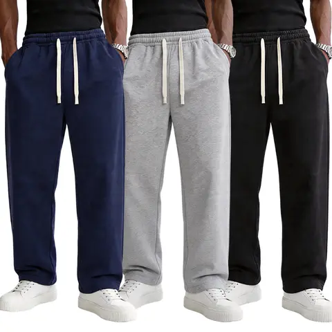 Men's Plain Baggy Polyester Soft Fleece Sweatpants - Streetwear Casual Bottoms, Adjustable Drawstring Waist, Long Uncuffed Open Hem Legs, XL Size