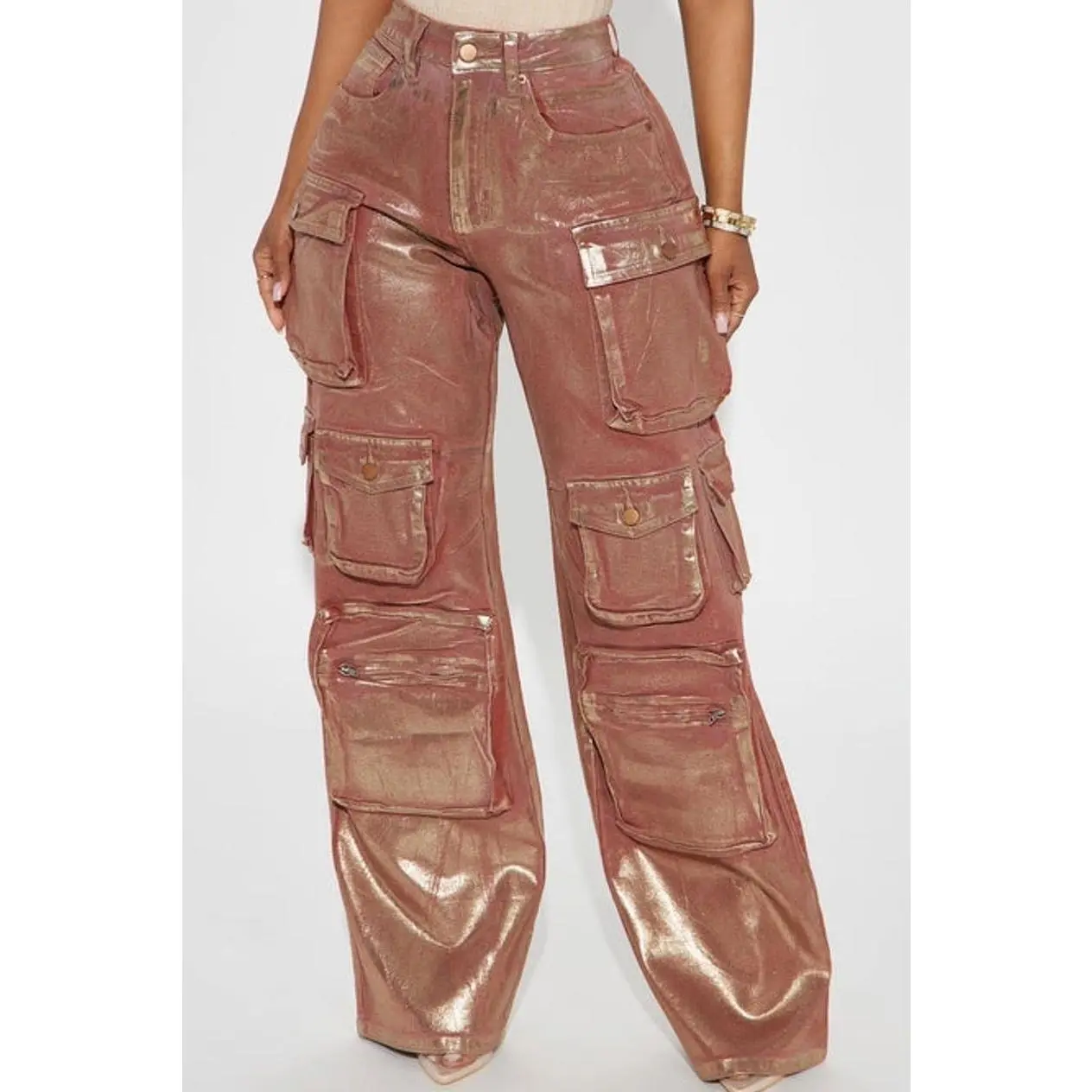 Women's Time To Shine Foil Baggy Cargo Jeans - Burgundy 1, Cotton-Polyester-Spandex Garment with Pocket