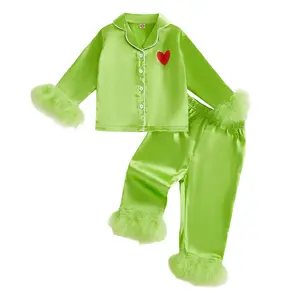 Kids Toddler Little Girls Christmas Pajamas Baby Green Satin Silk Button Down Shirts Jammies Xmas Matching Pjs Outfits