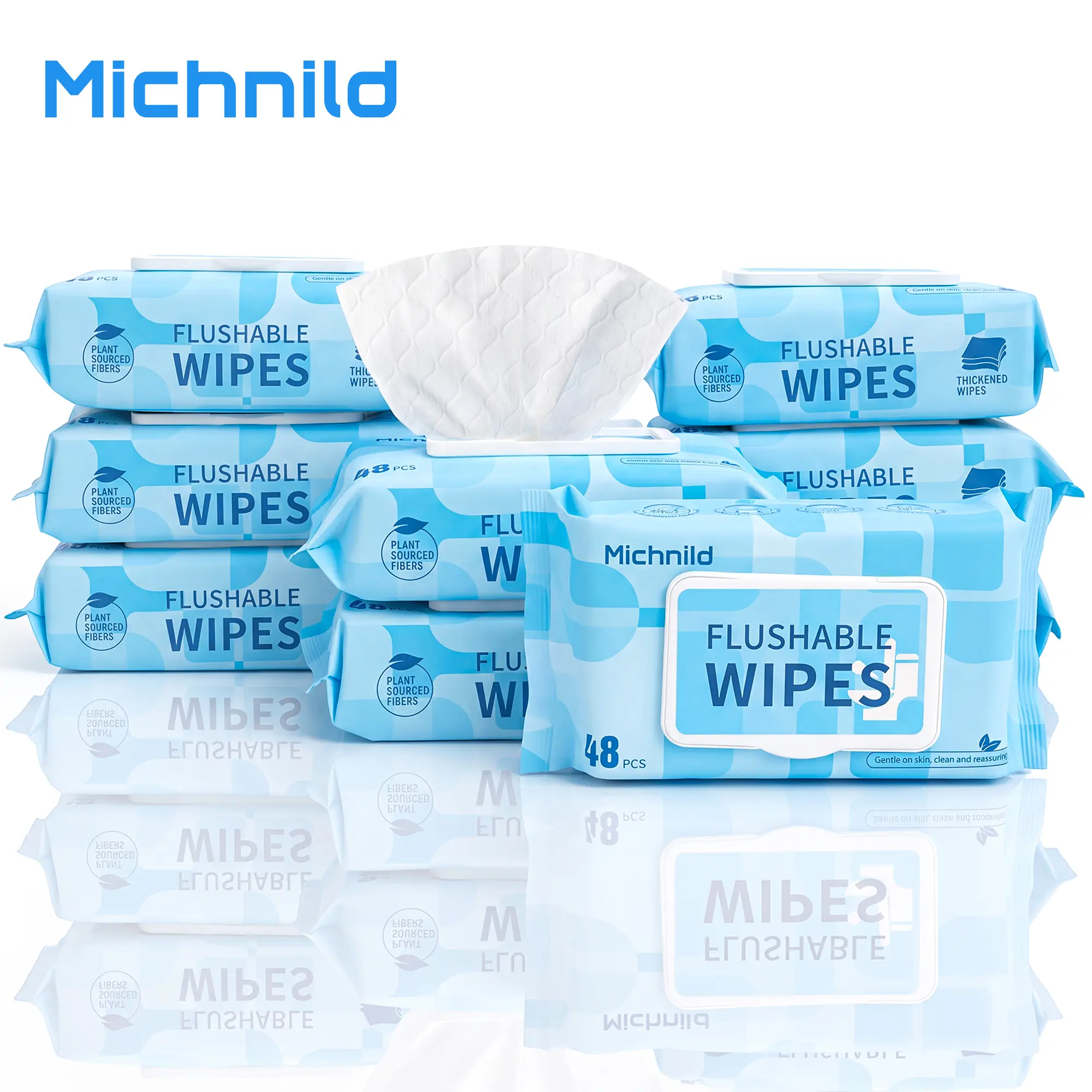 Michnild Wood Pulp Flushable Wipes, 48 Counts Per Pack, Soft & Gentle Cleansing Wet Tissues, Disposable Toilet Wipes with Flip Top Lid, Multi-Size Packs (3/6/9 Options), for Bathroom Daily Use & Personal Hygiene