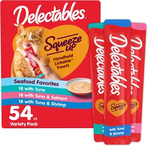 Seafood Variety Squeezable Cat Treat Puree Grain Free Lickable Wet Snacks No Added Preservatives 54 Tubes 0.5oz Each