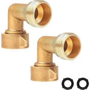 2-Pack 3/4" 90-Degree Brass Garden Hose Elbow Connectors, with 2 Washers, Hose Adapter for RV Water Hookups, Residential Outdoor Faucets