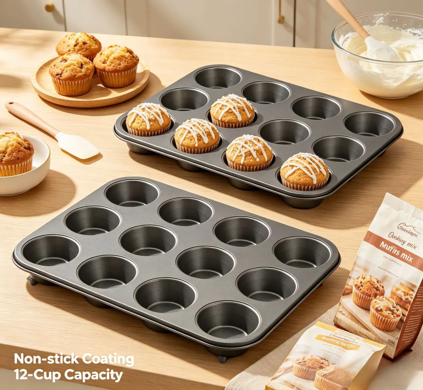 Nonstick Heavy-Duty Rectangular Steel 12-Cup Muffin Pan Set - 2-Pack High Quality Bakeware Trays (13.9×10.55 inches, 24 Cups Total), Oven Safe Fast Heating Essentials with 200Pcs Liners for Homemade Baking, Egg Bites