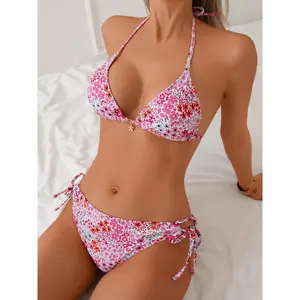 Women's High Waist Bikini Set, Floral Bikini Top, Thin Strap Floral Design, Two-Piece Swimsuit, Perfect for Beach Vacation and Summer Casual Wear