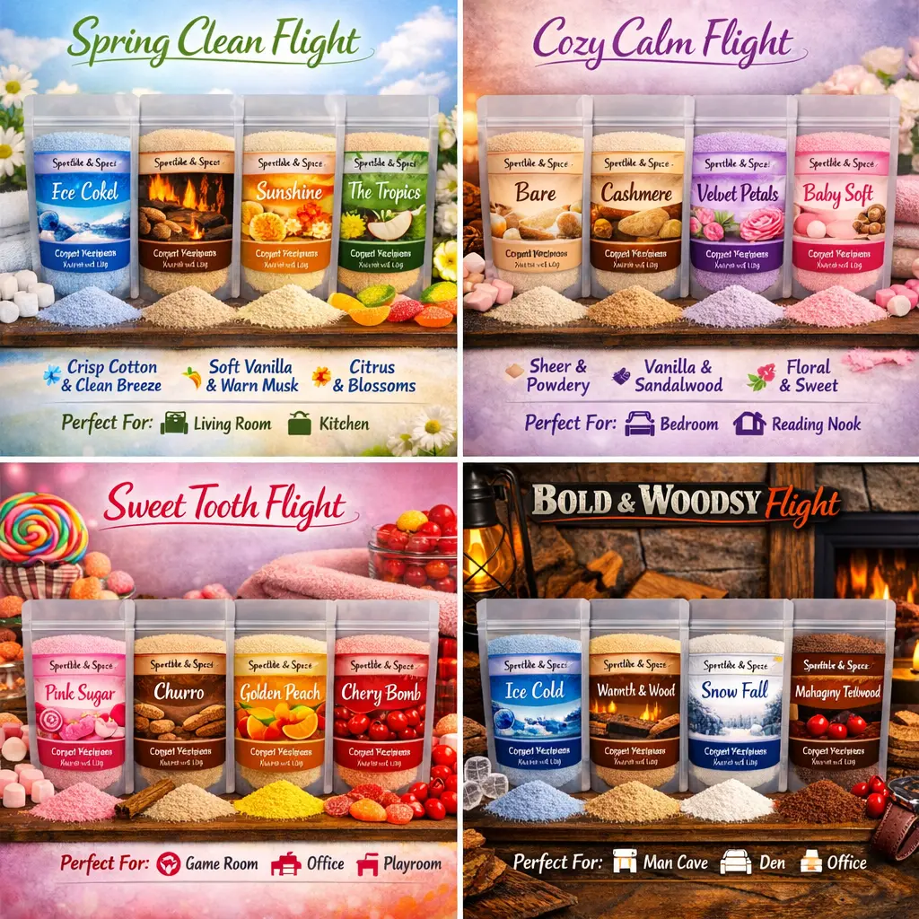 Sprinkle and Spice Scented Household Carpet & Upholstery Refresher Sample Scent Flights - 4x4oz Pouches with Burst, Food, Amber, Pineapple, Pink Sugar, Vanilla, Coconut, Floral, Velvet, Peach Fragrances for Room Freshening