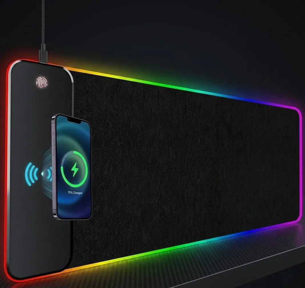 RGB Gaming Mouse Pad with Wireless Charger - Extended Large LED Desk Mat Light Up Fast Phone Charging Pad Non-Slip Rubber Base for PC Gamer Setup Accessories