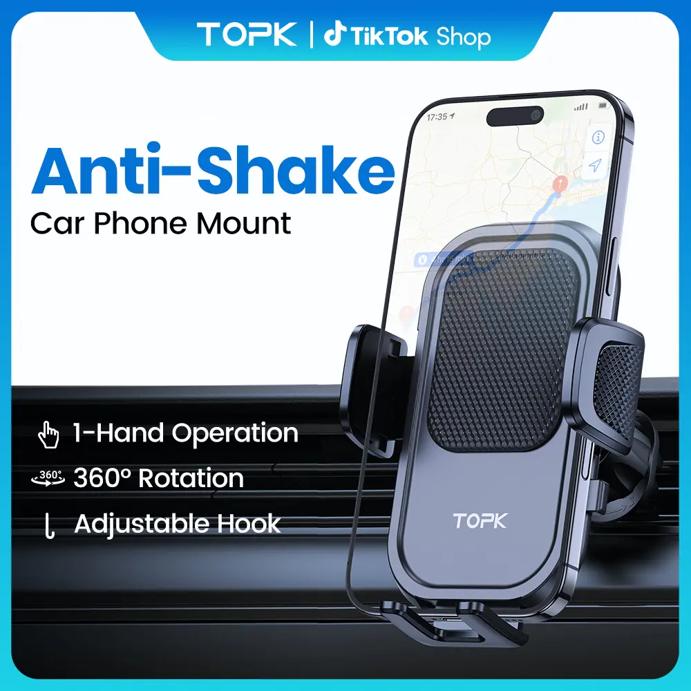 TOPK Car Phone Holder Mount, Super Stable Air Vent Cell Phone Car Mount with 2025 Metal Hook Clip, 360° Rotation,One Button Release for iPhone, Samsung, Google, and All Other Smartphones